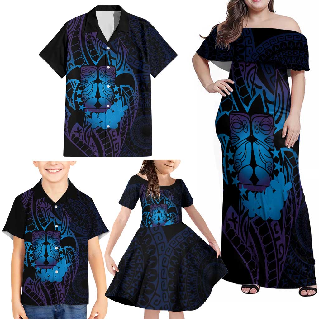 Kia Orana Kuki Airani Family Matching Off Shoulder Maxi Dress and Hawaiian Shirt Cook Islands Tangaroa God Tatau Purple LT14 - Polynesian Pride