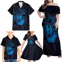 Kia Orana Kuki Airani Family Matching Off Shoulder Maxi Dress and Hawaiian Shirt Cook Islands Tangaroa God Tatau Purple LT14 - Polynesian Pride