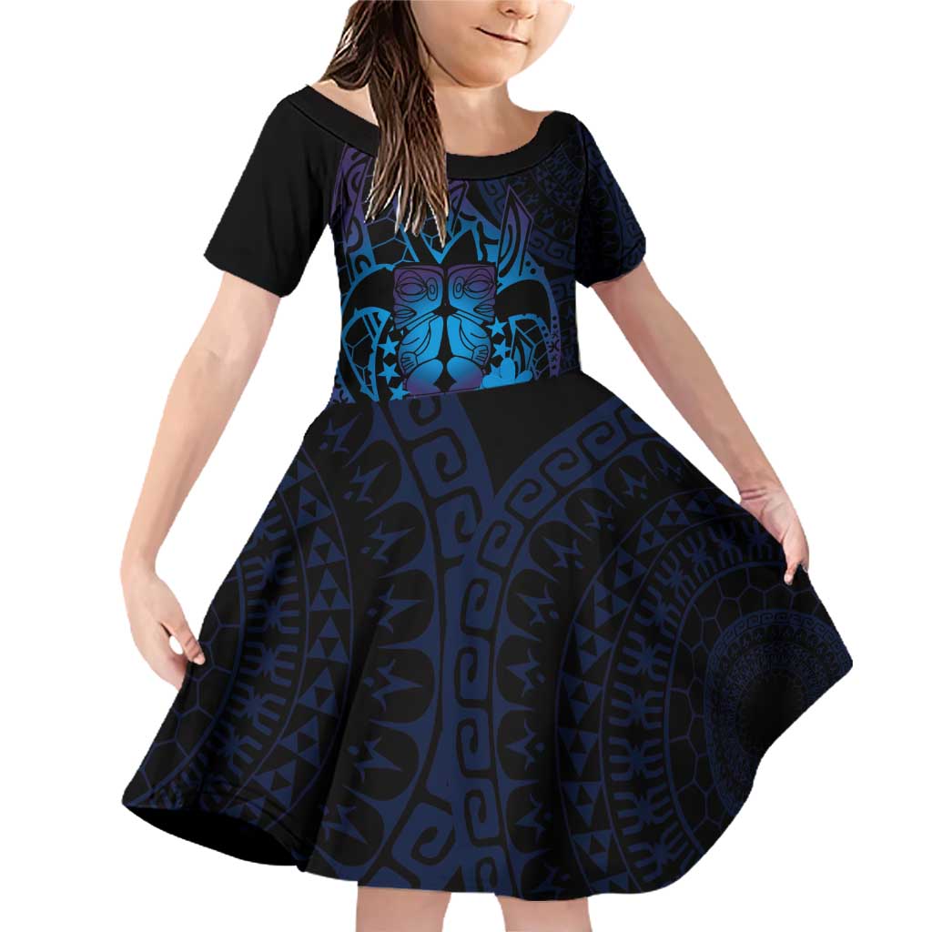 Kia Orana Kuki Airani Family Matching Off Shoulder Short Dress and Hawaiian Shirt Cook Islands Tangaroa God Tatau Purple LT14 Daughter's Dress Purple - Polynesian Pride