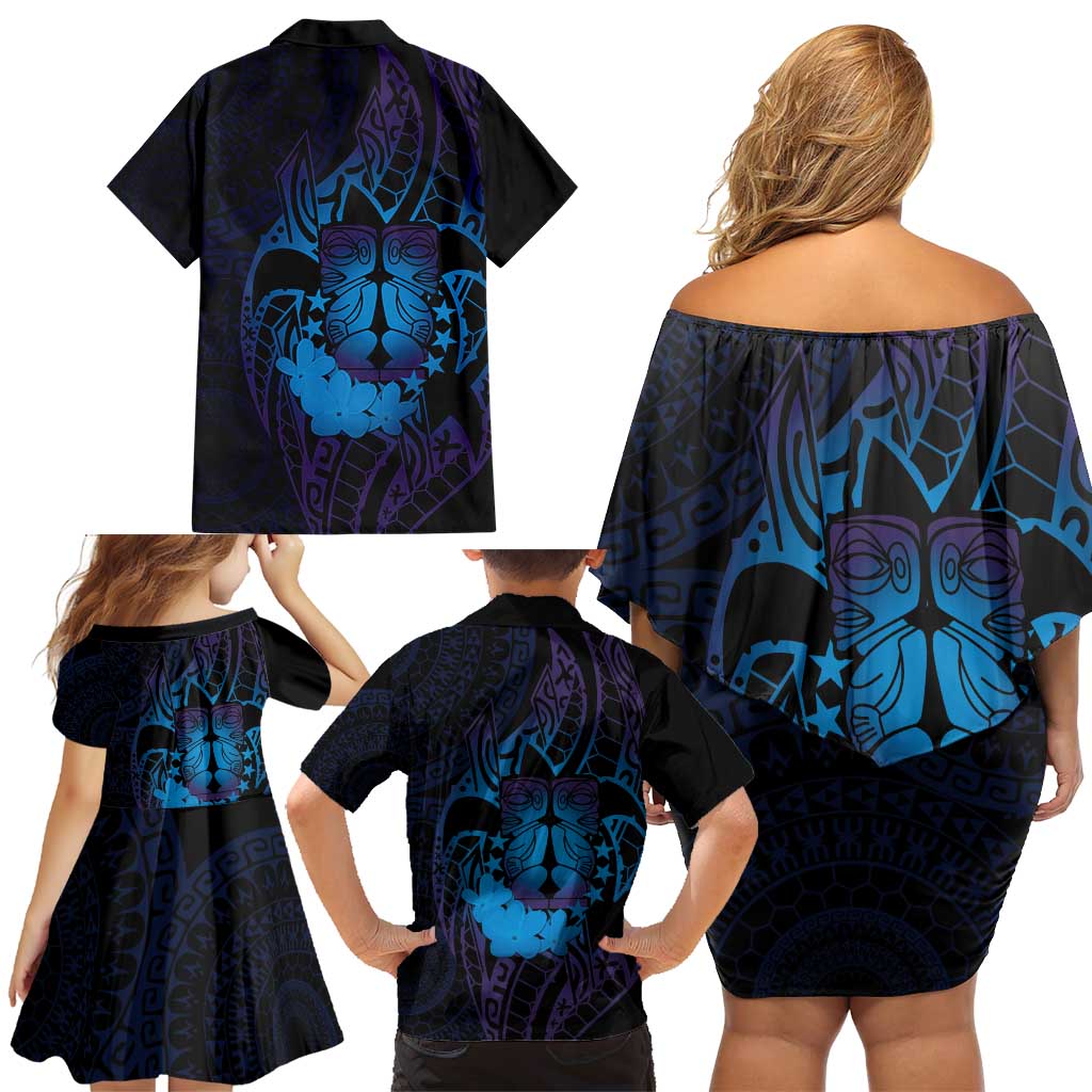 Kia Orana Kuki Airani Family Matching Off Shoulder Short Dress and Hawaiian Shirt Cook Islands Tangaroa God Tatau Purple LT14 - Polynesian Pride