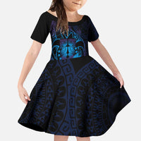 Kia Orana Kuki Airani Family Matching Short Sleeve Bodycon Dress and Hawaiian Shirt Cook Islands Tangaroa God Tatau Purple LT14 Daughter's Dress Purple - Polynesian Pride