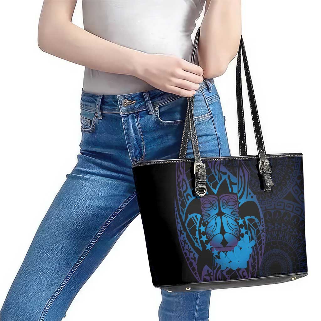 Kia Orana Kuki Airani Leather Tote Bag Cook Islands Tangaroa God Tatau Purple