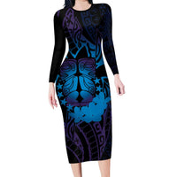 Kia Orana Kuki Airani Long Sleeve Bodycon Dress Cook Islands Tangaroa God Tatau Purple LT14 Long Dress Purple - Polynesian Pride