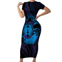 Kia Orana Kuki Airani Short Sleeve Bodycon Dress Cook Islands Tangaroa God Tatau Purple LT14 Long Dress Purple - Polynesian Pride