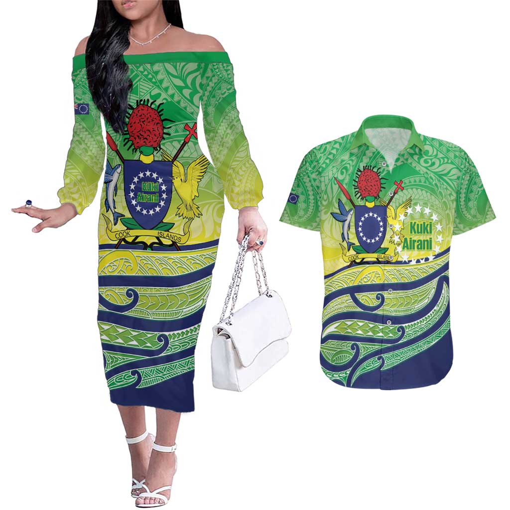 Te Maeva Nui Cook Islands Couples Matching Off The Shoulder Long Sleeve Dress and Hawaiian Shirt 60th Independence Anniversary Proud LT14 Green - Polynesian Pride