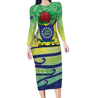 Te Maeva Nui Cook Islands Family Matching Long Sleeve Bodycon Dress and Hawaiian Shirt 60th Independence Anniversary Proud LT14 Mom's Dress Green - Polynesian Pride