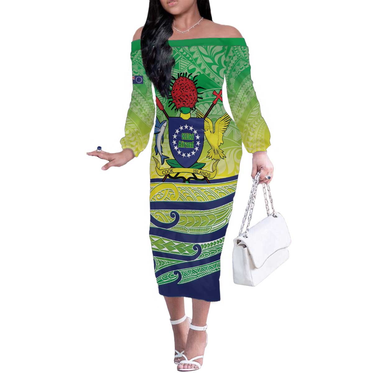 Te Maeva Nui Cook Islands Family Matching Off The Shoulder Long Sleeve Dress and Hawaiian Shirt 60th Independence Anniversary Proud LT14 Mom's Dress Green - Polynesian Pride
