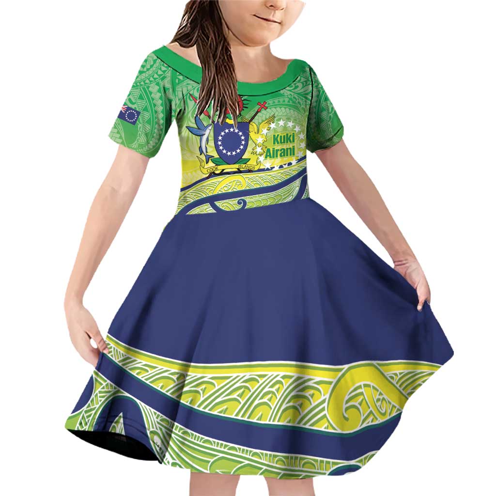 Te Maeva Nui Cook Islands Family Matching Off Shoulder Short Dress and Hawaiian Shirt 60th Independence Anniversary Proud LT14 Daughter's Dress Green - Polynesian Pride
