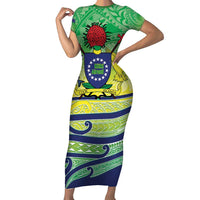 Te Maeva Nui Cook Islands Family Matching Short Sleeve Bodycon Dress and Hawaiian Shirt 60th Independence Anniversary Proud LT14 Mom's Dress Green - Polynesian Pride