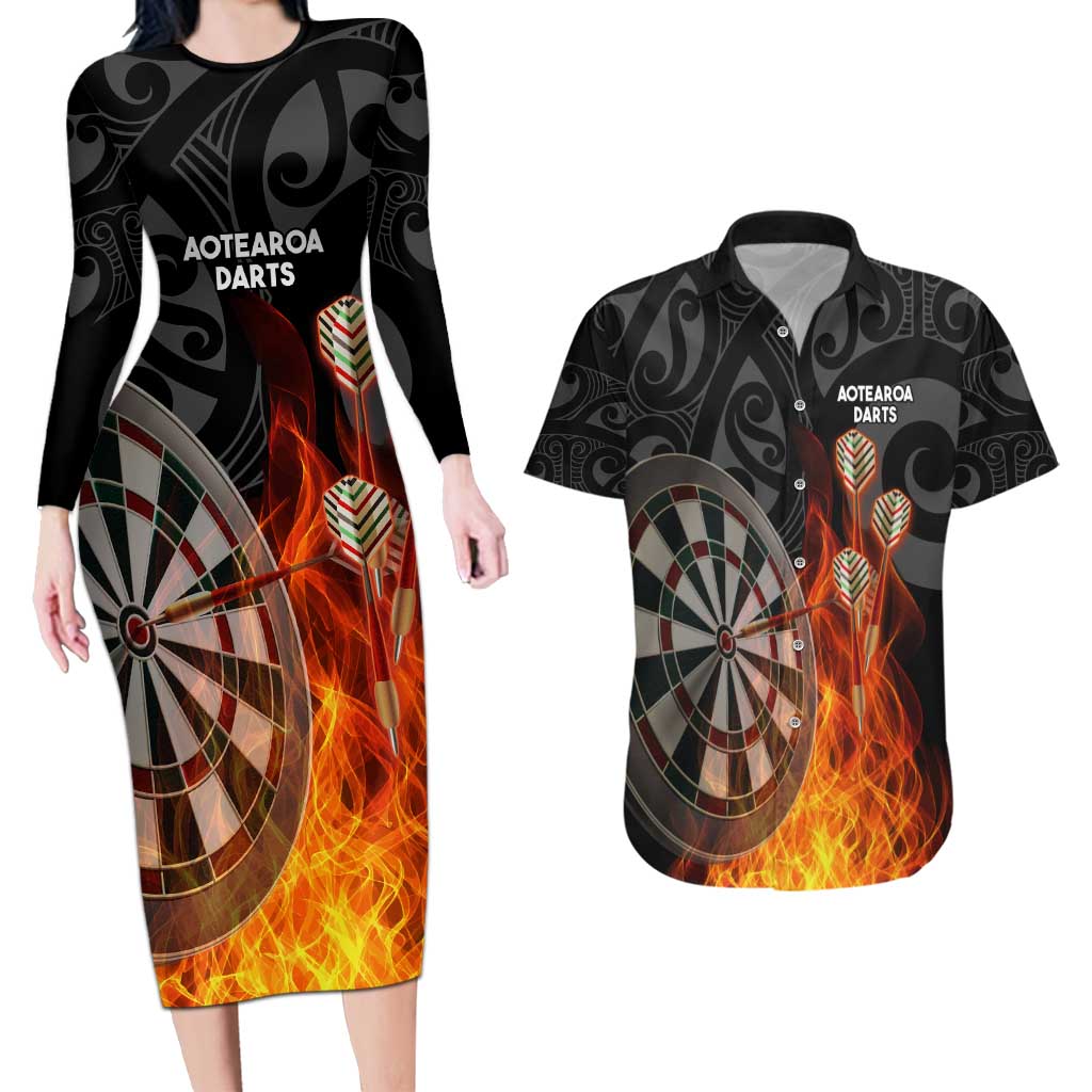 Personalised Aotearoa Darts Couples Matching Long Sleeve Bodycon Dress and Hawaiian Shirt Maori Koru Flaming Dartboard LT14 Black - Polynesian Pride