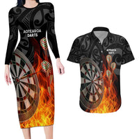 Personalised Aotearoa Darts Couples Matching Long Sleeve Bodycon Dress and Hawaiian Shirt Maori Koru Flaming Dartboard LT14 Black - Polynesian Pride