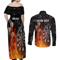 Personalised Aotearoa Darts Couples Matching Off Shoulder Maxi Dress and Long Sleeve Button Shirt Maori Koru Flaming Dartboard
