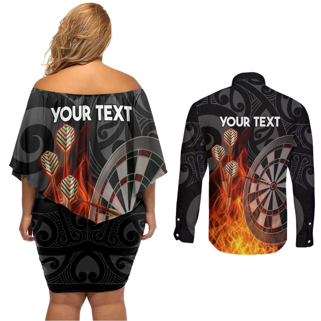 Personalised Aotearoa Darts Couples Matching Off Shoulder Short Dress and Long Sleeve Button Shirt Maori Koru Flaming Dartboard