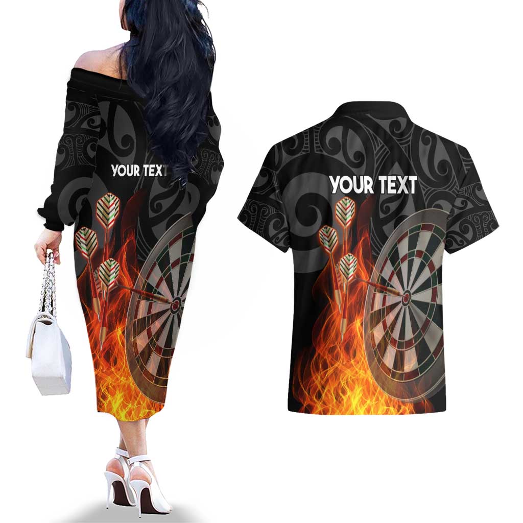 Personalised Aotearoa Darts Couples Matching Off The Shoulder Long Sleeve Dress and Hawaiian Shirt Maori Koru Flaming Dartboard LT14 - Polynesian Pride