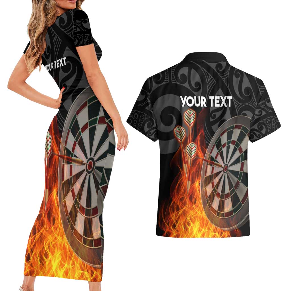 Personalised Aotearoa Darts Couples Matching Short Sleeve Bodycon Dress and Hawaiian Shirt Maori Koru Flaming Dartboard LT14 - Polynesian Pride