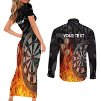 Personalised Aotearoa Darts Couples Matching Short Sleeve Bodycon Dress and Long Sleeve Button Shirt Maori Koru Flaming Dartboard