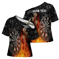 Personalised Aotearoa Darts Cross Shoulder Shirt Maori Koru Flaming Dartboard - Polynesian Pride