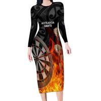 Personalised Aotearoa Darts Family Matching Long Sleeve Bodycon Dress and Hawaiian Shirt Maori Koru Flaming Dartboard LT14 Mom's Dress Black - Polynesian Pride