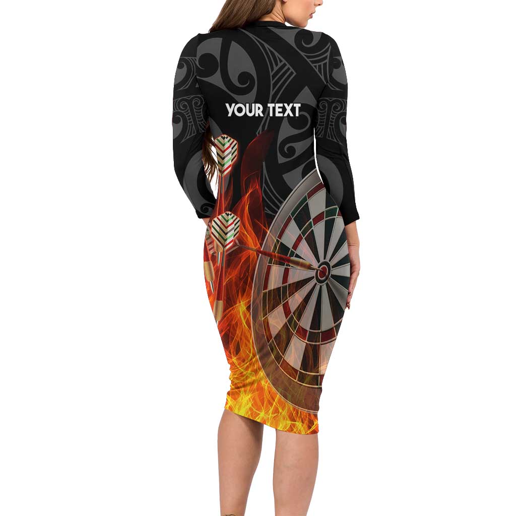 Personalised Aotearoa Darts Family Matching Long Sleeve Bodycon Dress and Hawaiian Shirt Maori Koru Flaming Dartboard LT14 - Polynesian Pride