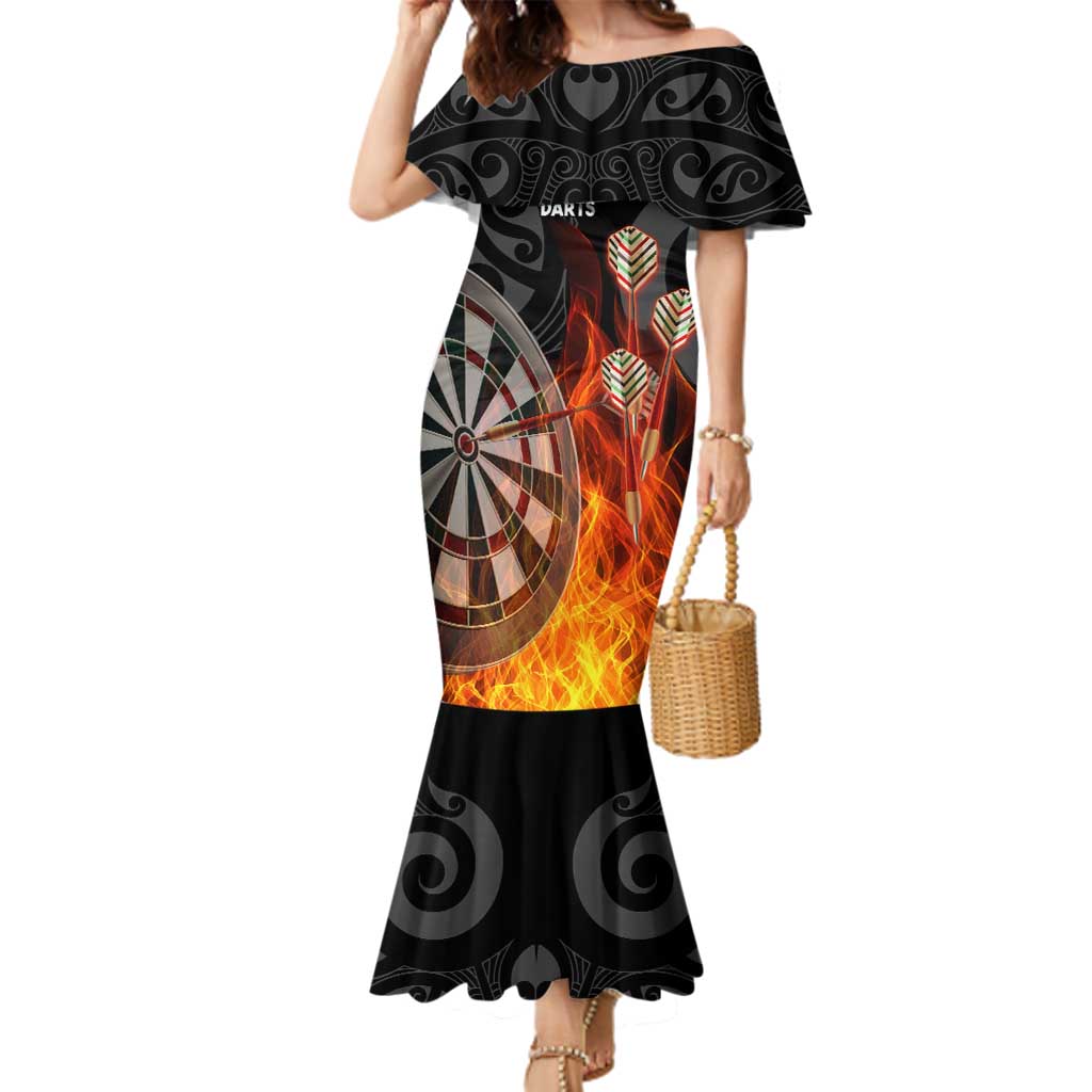 Personalised Aotearoa Darts Family Matching Mermaid Dress and Hawaiian Shirt Maori Koru Flaming Dartboard LT14 Mom's Dress Black - Polynesian Pride