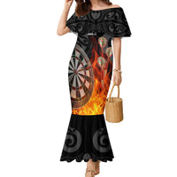 Personalised Aotearoa Darts Family Matching Mermaid Dress and Hawaiian Shirt Maori Koru Flaming Dartboard LT14 Mom's Dress Black - Polynesian Pride