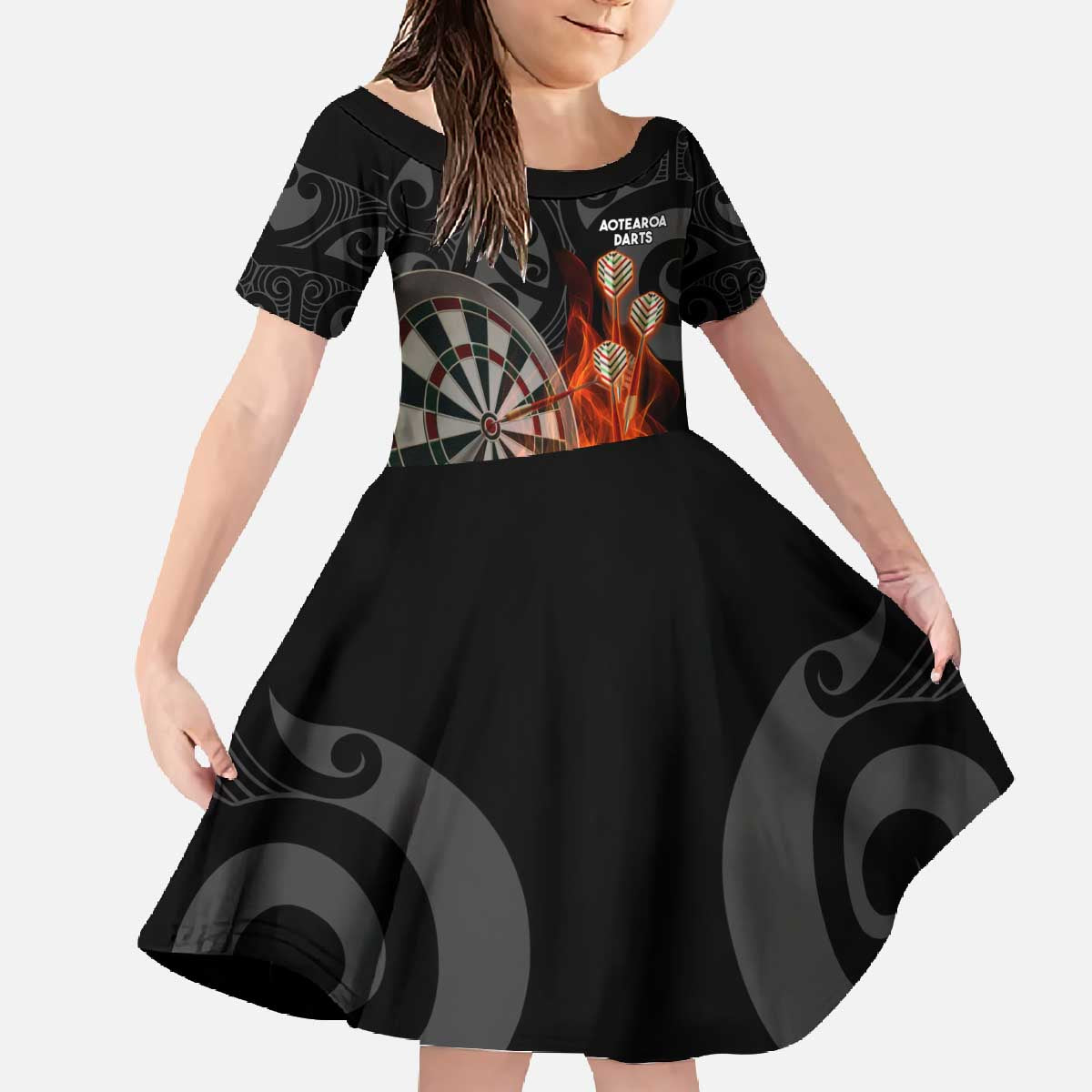 Personalised Aotearoa Darts Family Matching Off The Shoulder Long Sleeve Dress and Hawaiian Shirt Maori Koru Flaming Dartboard LT14 Daughter's Dress Black - Polynesian Pride