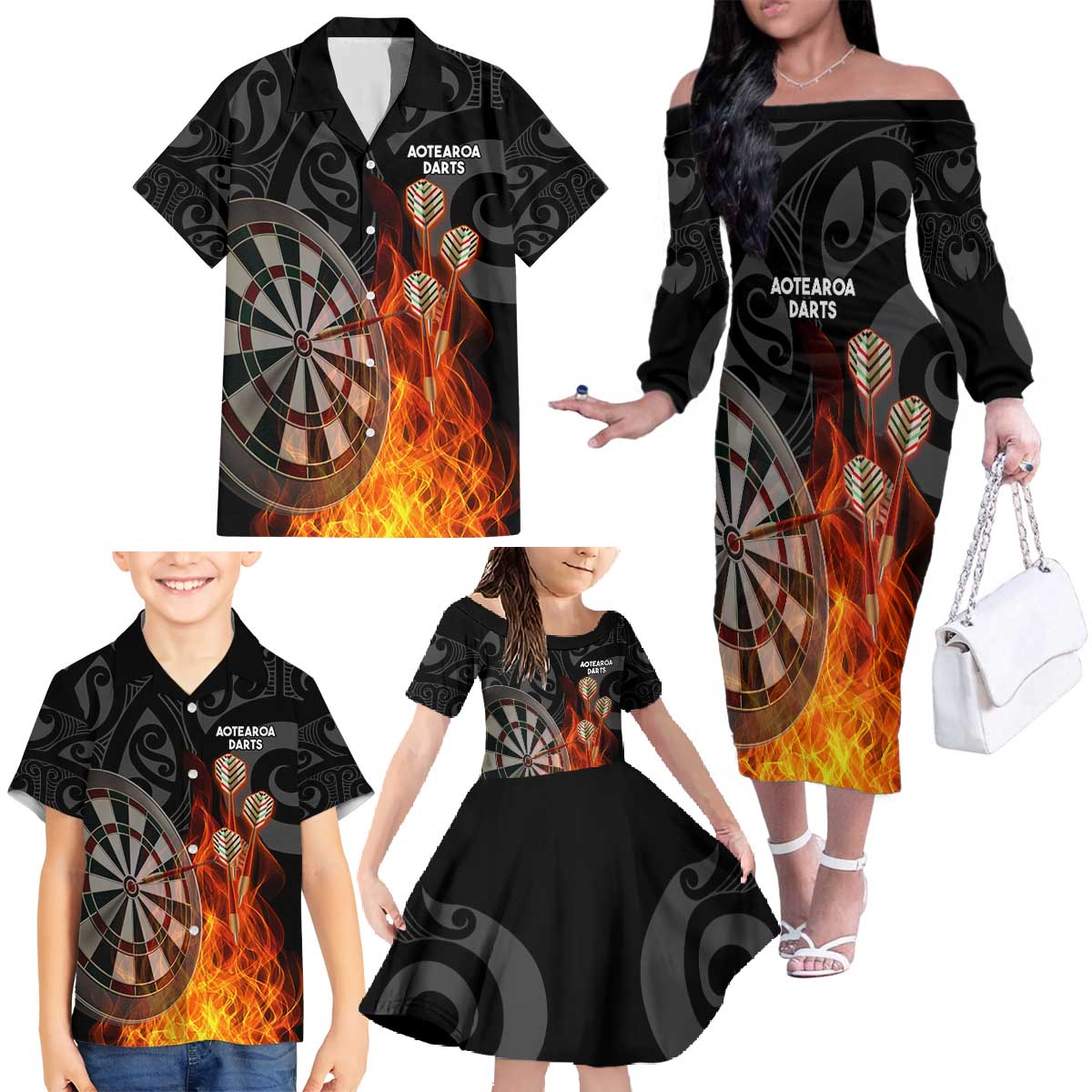 Personalised Aotearoa Darts Family Matching Off The Shoulder Long Sleeve Dress and Hawaiian Shirt Maori Koru Flaming Dartboard LT14 - Polynesian Pride