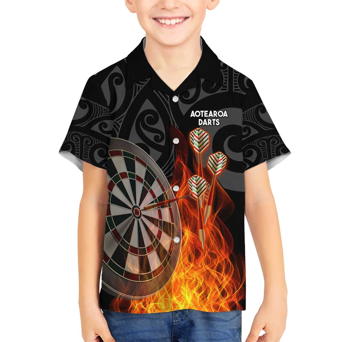 Personalised Aotearoa Darts Family Matching Off The Shoulder Long Sleeve Dress and Hawaiian Shirt Maori Koru Flaming Dartboard LT14 Son's Shirt Black - Polynesian Pride