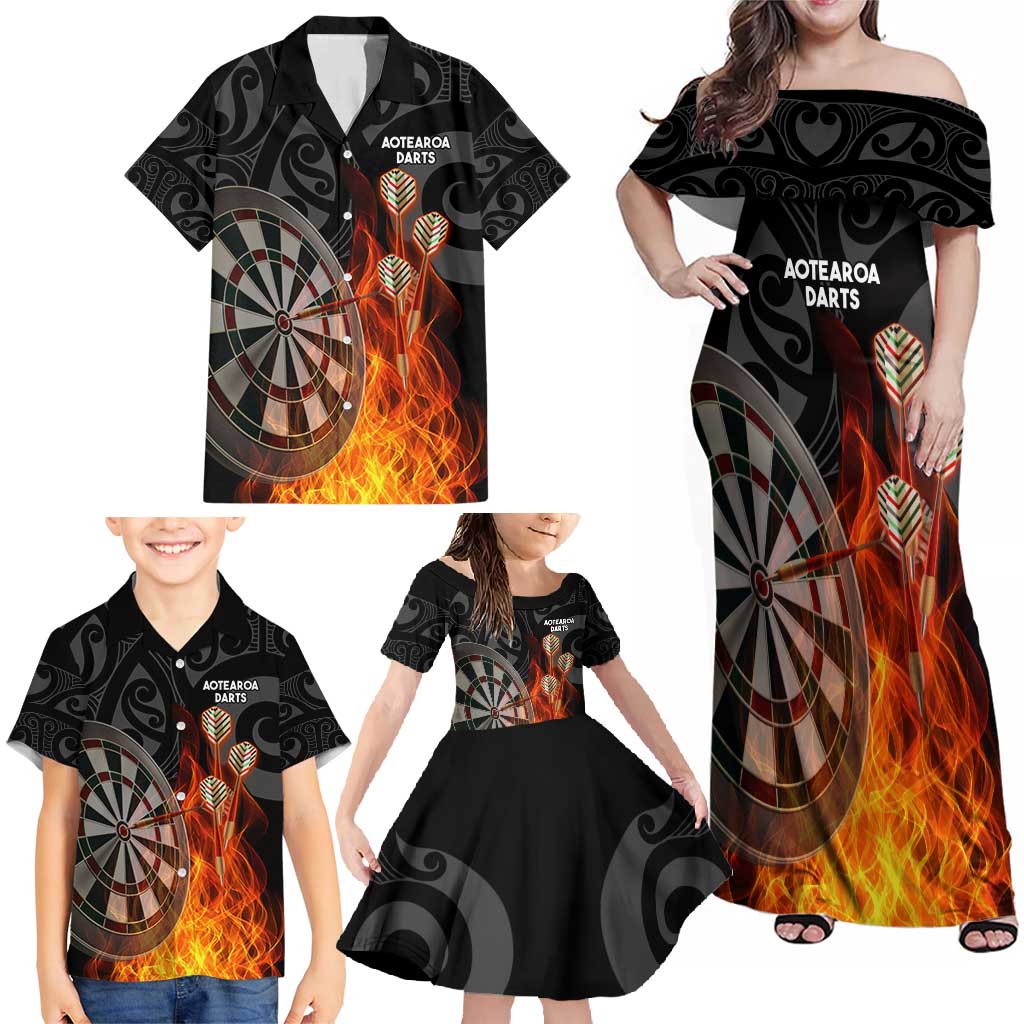 Personalised Aotearoa Darts Family Matching Off Shoulder Maxi Dress and Hawaiian Shirt Maori Koru Flaming Dartboard LT14 - Polynesian Pride