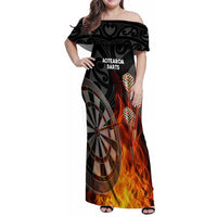 Personalised Aotearoa Darts Family Matching Off Shoulder Maxi Dress and Hawaiian Shirt Maori Koru Flaming Dartboard LT14 Mom's Dress Black - Polynesian Pride