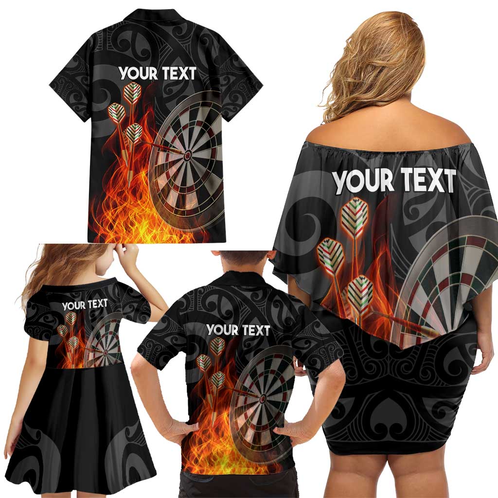 Personalised Aotearoa Darts Family Matching Off Shoulder Short Dress and Hawaiian Shirt Maori Koru Flaming Dartboard LT14 - Polynesian Pride