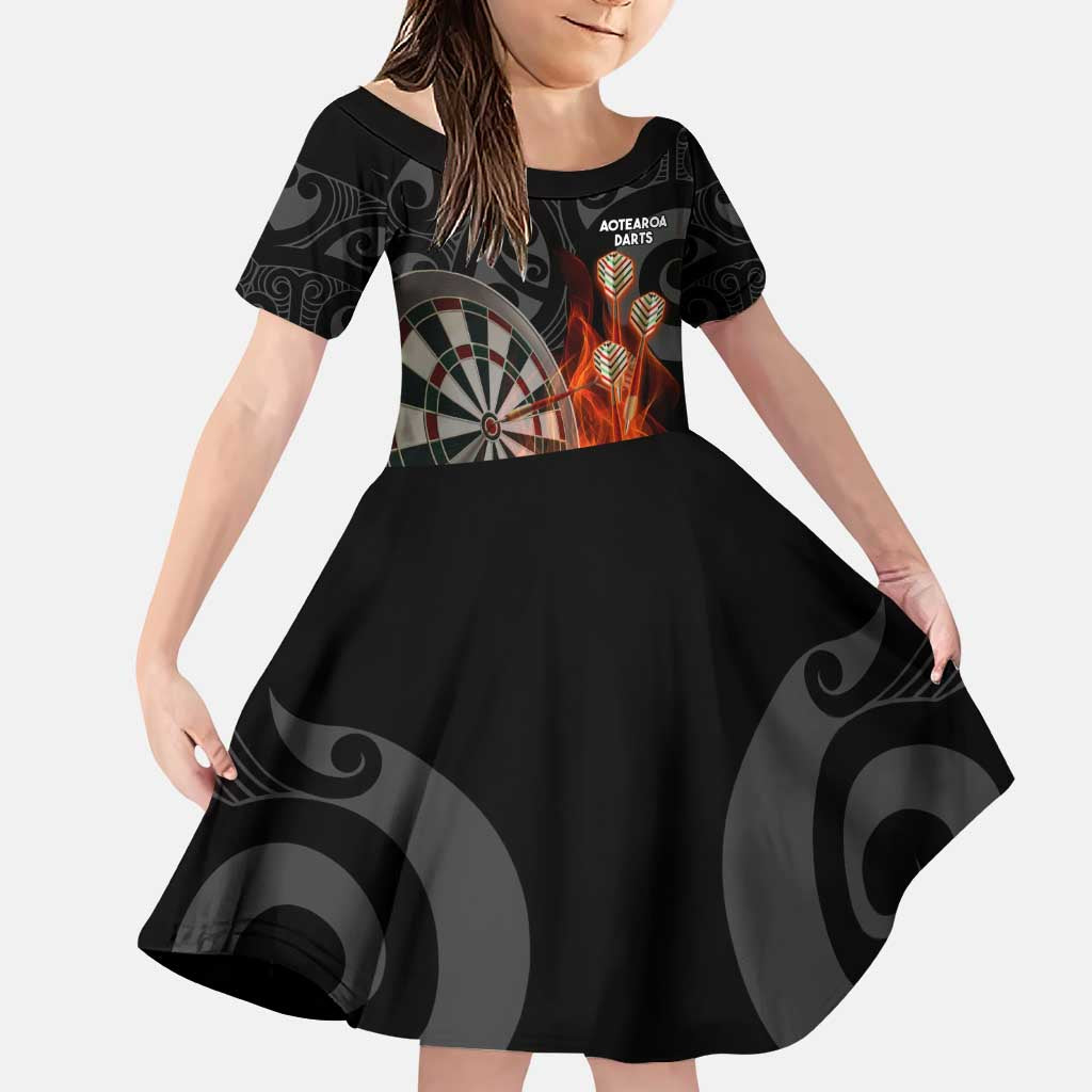 Personalised Aotearoa Darts Family Matching Puletasi and Hawaiian Shirt Maori Koru Flaming Dartboard LT14 Daughter's Dress Black - Polynesian Pride