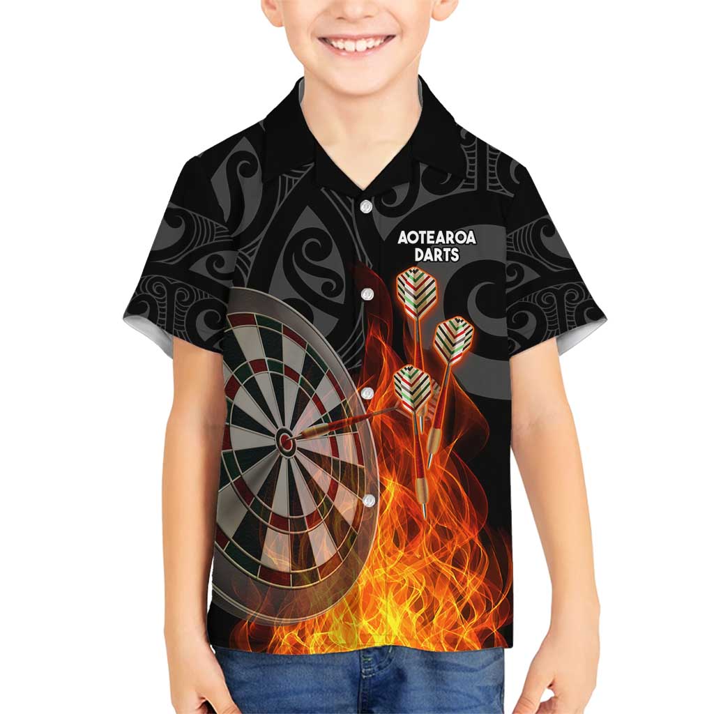 Personalised Aotearoa Darts Family Matching Puletasi and Hawaiian Shirt Maori Koru Flaming Dartboard LT14 Son's Shirt Black - Polynesian Pride