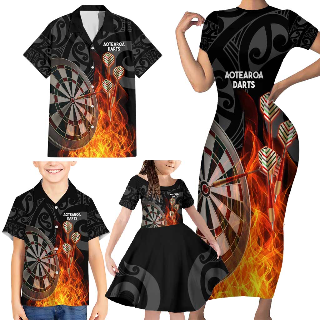 Personalised Aotearoa Darts Family Matching Short Sleeve Bodycon Dress and Hawaiian Shirt Maori Koru Flaming Dartboard LT14 - Polynesian Pride