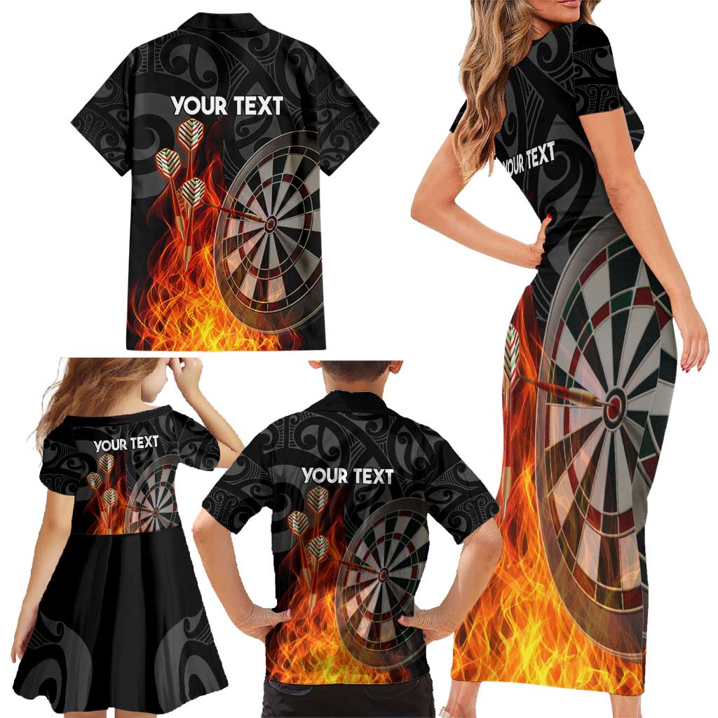 Personalised Aotearoa Darts Family Matching Short Sleeve Bodycon Dress and Hawaiian Shirt Maori Koru Flaming Dartboard LT14 - Polynesian Pride