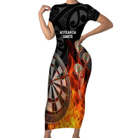 Personalised Aotearoa Darts Family Matching Short Sleeve Bodycon Dress and Hawaiian Shirt Maori Koru Flaming Dartboard LT14 Mom's Dress Black - Polynesian Pride