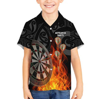 Personalised Aotearoa Darts Family Matching Summer Maxi Dress and Hawaiian Shirt Maori Koru Flaming Dartboard LT14 Son's Shirt Black - Polynesian Pride