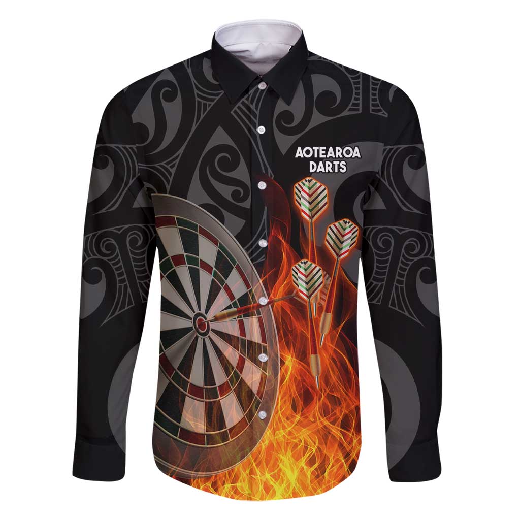 Personalised Aotearoa Darts Family Matching Tank Maxi Dress and Hawaiian Shirt Maori Koru Flaming Dartboard LT14 Dad's Shirt - Long Sleeve Black - Polynesian Pride