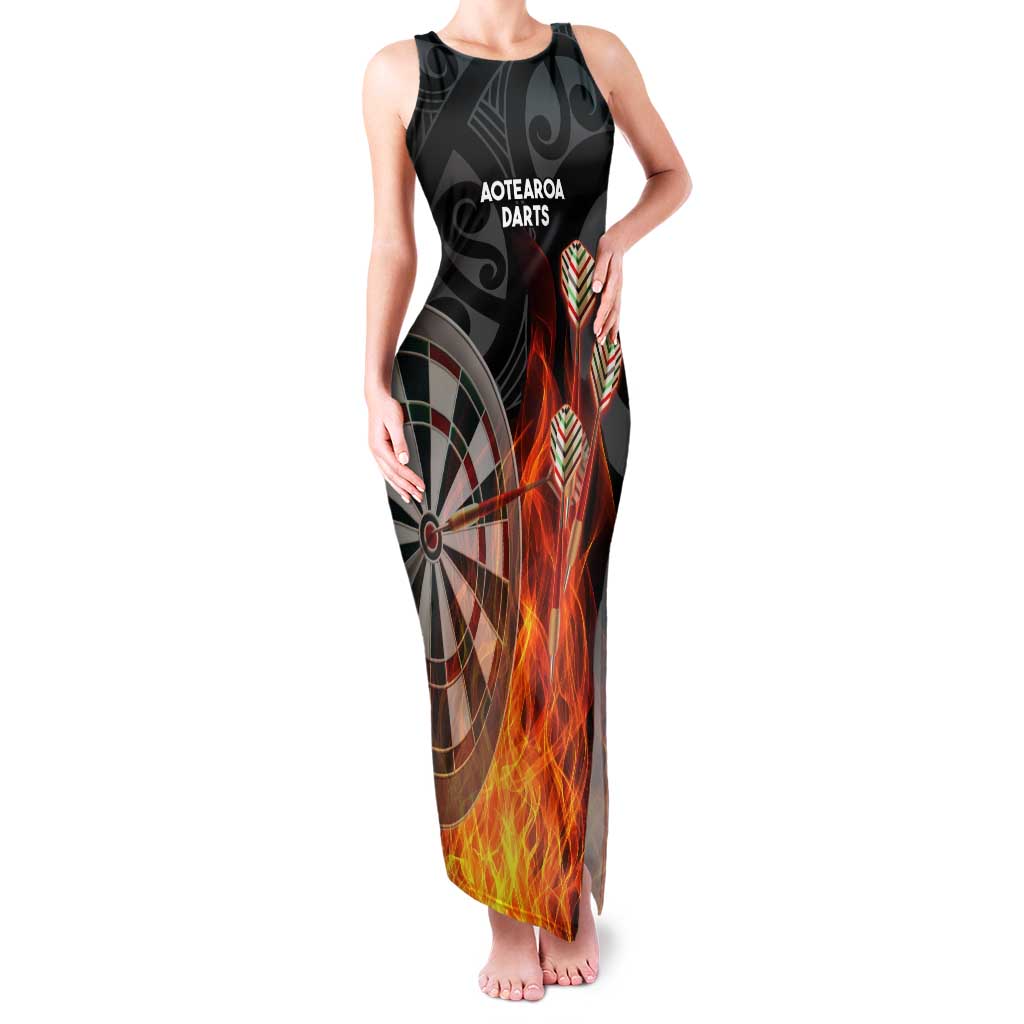 Personalised Aotearoa Darts Family Matching Tank Maxi Dress and Hawaiian Shirt Maori Koru Flaming Dartboard LT14 Mom's Dress Black - Polynesian Pride