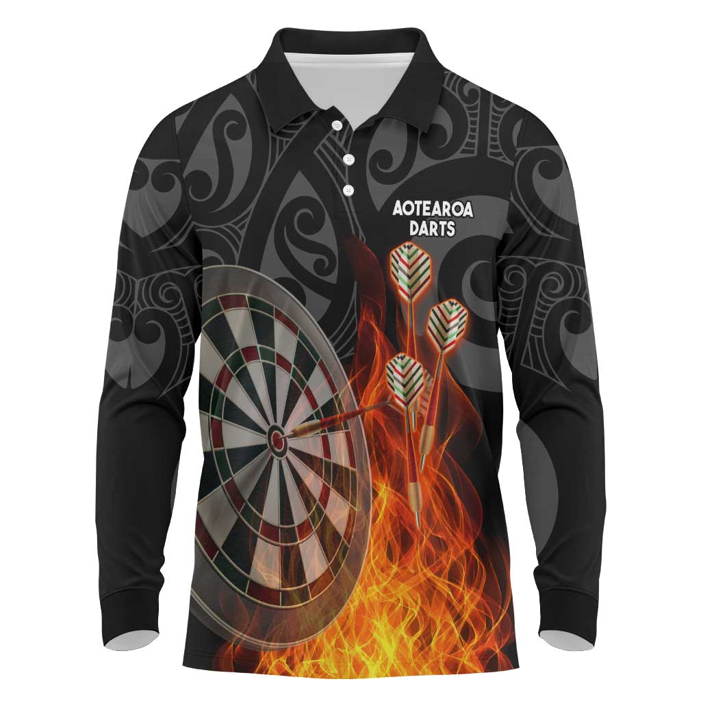 Personalised Aotearoa Darts Long Sleeve Polo Shirt Maori Koru Flaming Dartboard