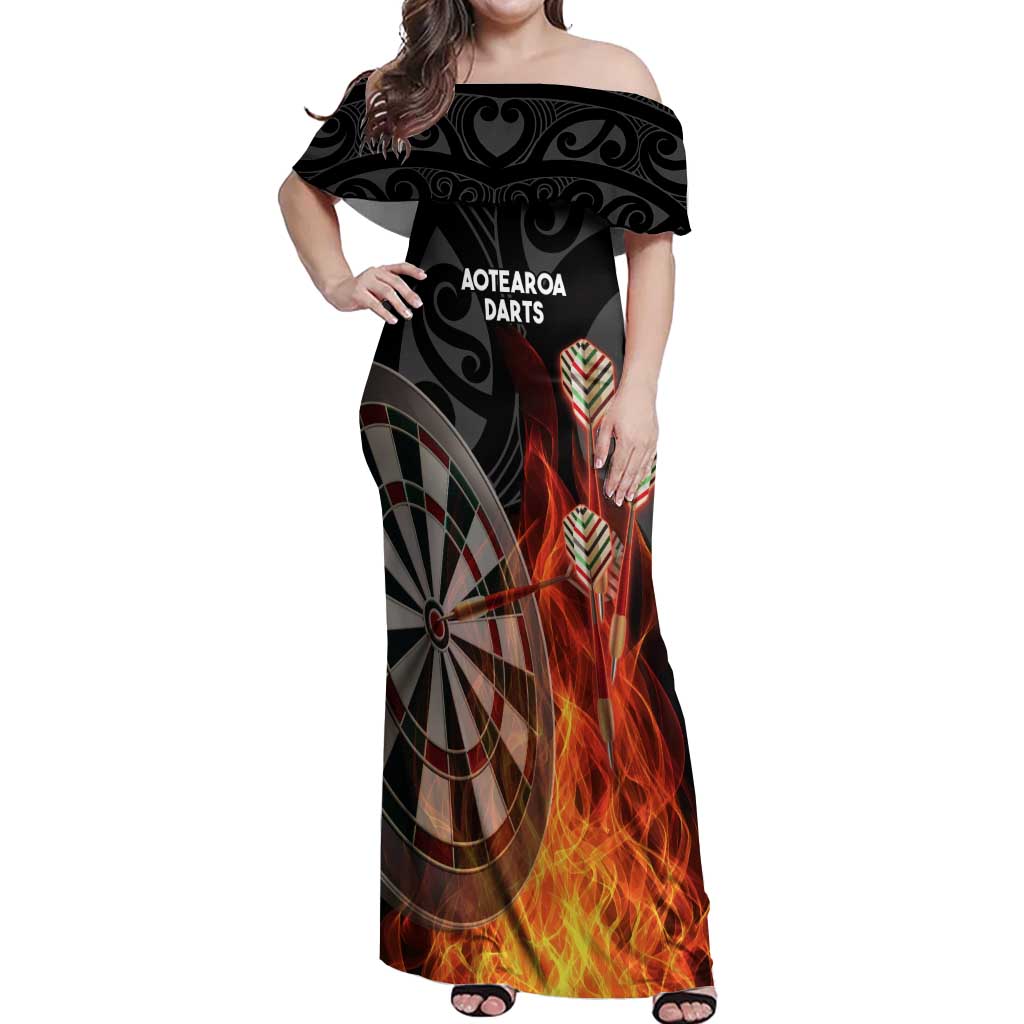 Personalised Aotearoa Darts Off Shoulder Maxi Dress Maori Koru Flaming Dartboard