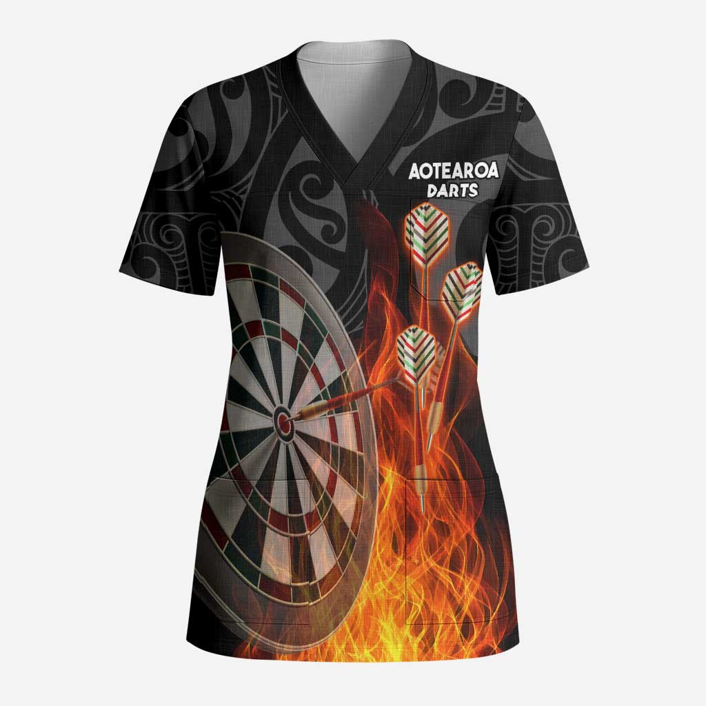Personalised Aotearoa Darts Scrub Top Maori Koru Flaming Dartboard - Polynesian Pride
