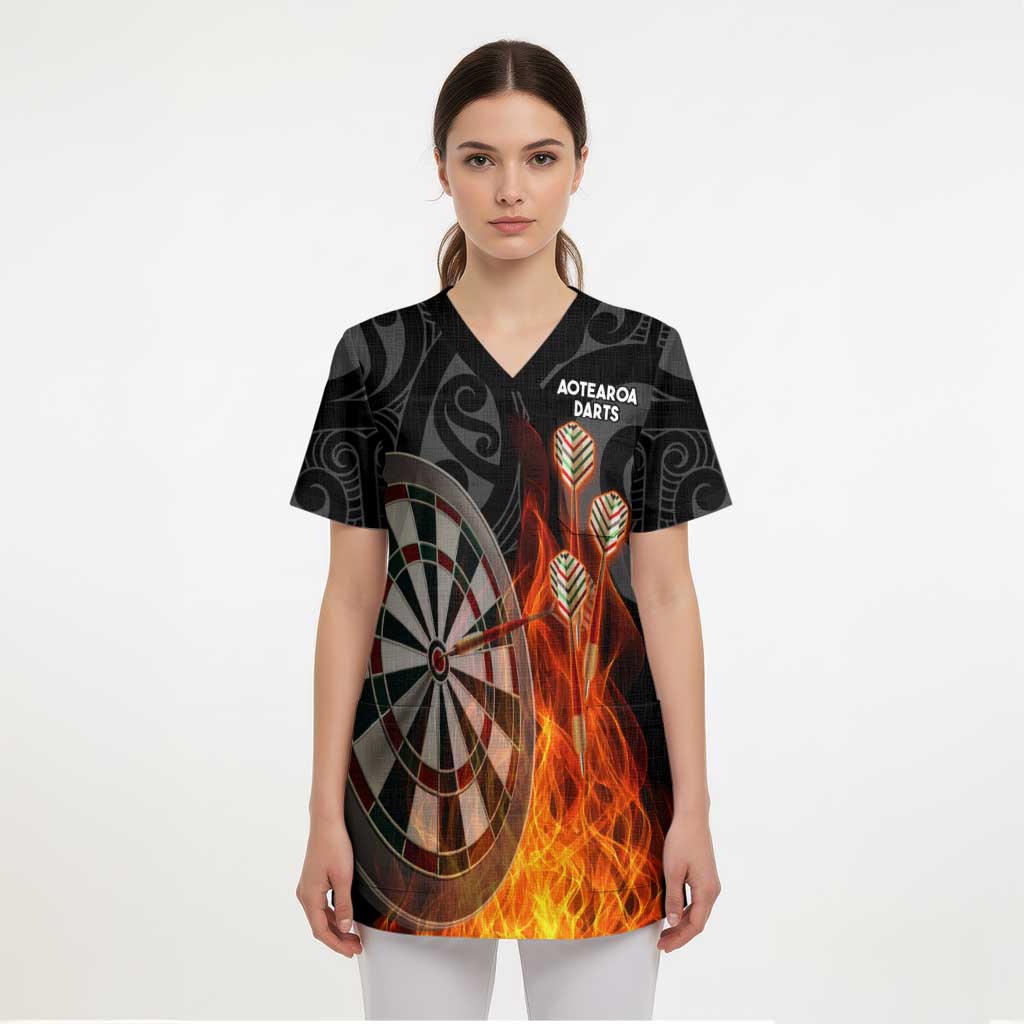 Personalised Aotearoa Darts Scrub Top Maori Koru Flaming Dartboard - Polynesian Pride
