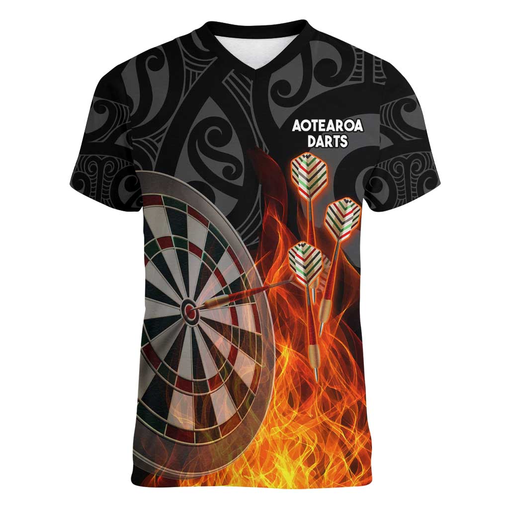 Personalised Aotearoa Darts Women V-Neck T-Shirt Maori Koru Flaming Dartboard