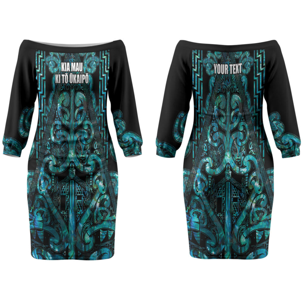 Maori Language Week Personalised Couples Matching Off The Shoulder Long Sleeve Dress and Long Sleeve Button Shirt Kia Mau Ki To Ukaipo Paua Shell Color LT14 - Polynesian Pride
