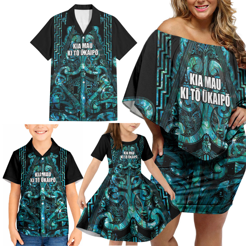 Maori Language Week Personalised Family Matching Off Shoulder Short Dress and Hawaiian Shirt Kia Mau Ki To Ukaipo Paua Shell Color LT14 - Polynesian Pride