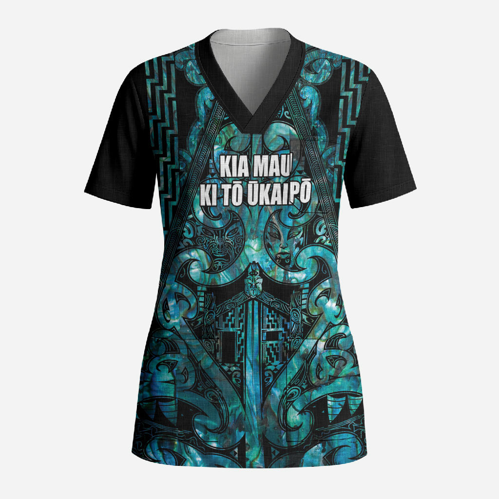 Maori Language Week Personalised Scrub Top Kia Mau Ki To Ukaipo Paua Shell Color
