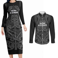 Maori Language Week Personalised Couples Matching Long Sleeve Bodycon Dress and Long Sleeve Button Shirt Kia Mau Ki To Ukaipo Grey Color LT14 Grey - Polynesian Pride