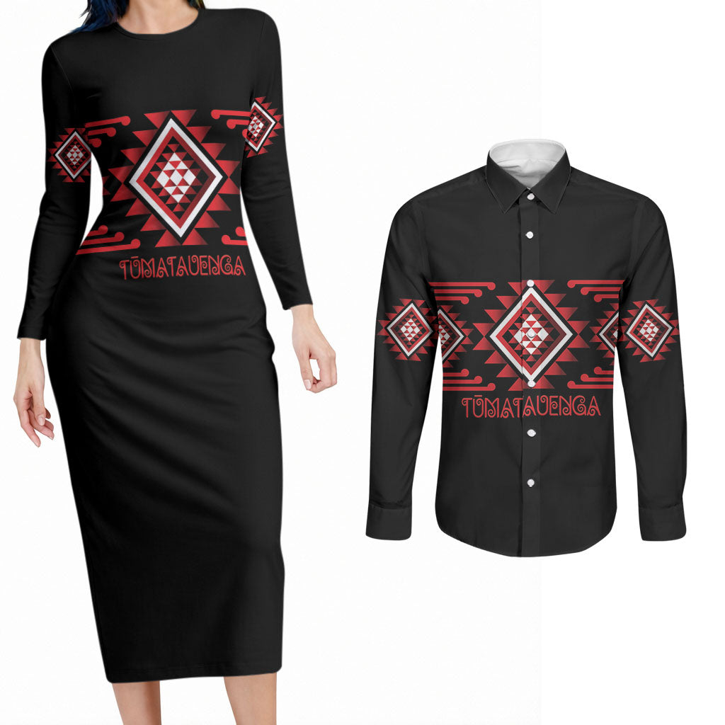 Aotearoa Atua Tumatauenga Personalised Couples Matching Long Sleeve Bodycon Dress and Long Sleeve Button Shirt Maori God Of War Taniko Motifs LT14 Red - Polynesian Pride