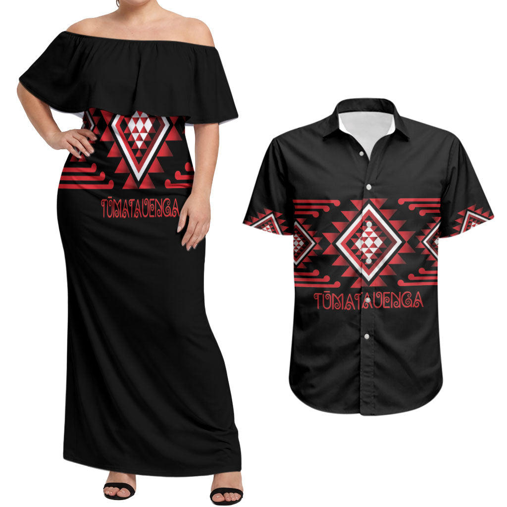 Aotearoa Atua Tumatauenga Personalised Couples Matching Off Shoulder Maxi Dress and Hawaiian Shirt Maori God Of War Taniko Motifs LT14 Red - Polynesian Pride